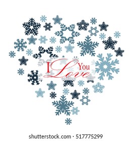 I love you. Heart from snowflakes for a declaration of love. Valentine Valentine's Day, a holiday in February. Winter background for a poster for the New Year and Christmas. Vector illustration.