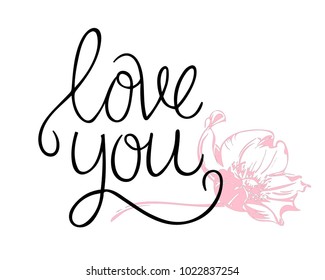 I love you. I heart you. Valentines day calligraphy card. Hand drawn design elements. Handwritten modern brush lettering.