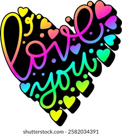 love you heart valentines day rainbow colorful bright vector graphic design quote 