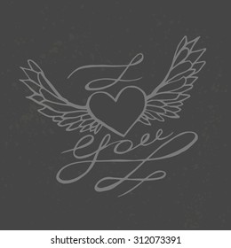 I love you - heart with wings. Lettering romantic quote. Hand drawn typography poster. Great for valentine and save the date card.