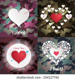 I love you, hearts, concept, military style. Vector illustrations, Set of valentine cards, i love you, design editable.