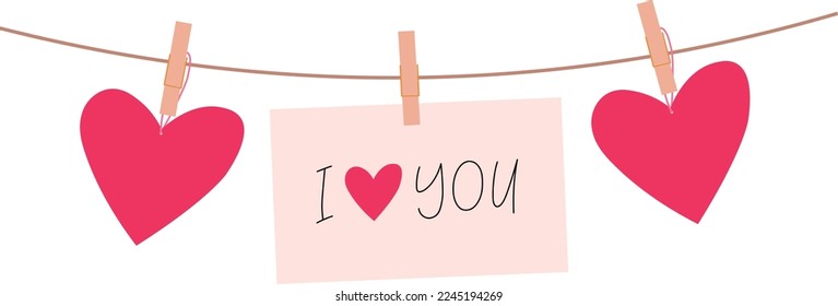 I love you and hearts on a rope with clothespins vector illustration