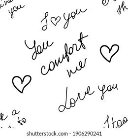 love you hearts romantic pattern illustration isolated on white. black and white seamless pattern for wallpaper, textiles, packaging, scrapbooking, foil stamping.