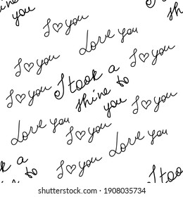 love you hearts romantic pattern illustration isolated on white. black and white seamless pattern for wallpaper, textiles, packaging, scrapbooking, foil stamping.