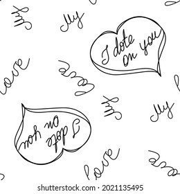 Te amo el corazón, la ilustración de patrón romántico aislada en blanco. patrón transparente en blanco y negro