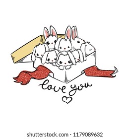 Love you. Holiday card with Cute Rabbits in a present box. Cartoon vector illustration for greetings card, design, print, coloring.