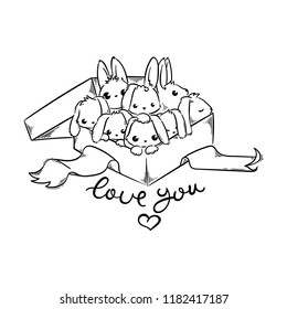 Love you. Holiday card with Cute Rabbits in a present box. Cartoon vector illustration for greetings card, design, print, coloring.