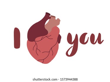 I love you. Horizontal card with the inscription and flat realistic heart on  white background. Festive greeting card for Valentines Day. Vector picture for banner and your creativity.