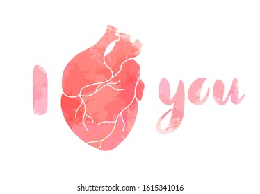 I love you. Horizontal card with the inscription and pink watercolor realistic heart with splash on white background. Festive greeting card for Valentines Day. Vector picture for your creativity.