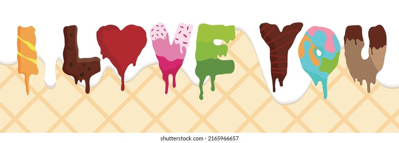 I love you, Ice cream background, Melted ice cream cone, vector Illustration, EPS