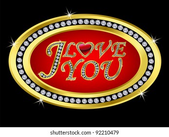 I love you icon, golden with diamonds, vector illustration