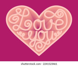 Love you inscription in the heart. Love 3d text effect. Valentine card template. Volumetric lettering.