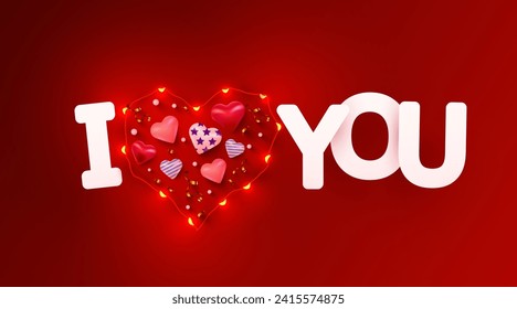 I love you. Inscription made of paper among heart elements and garland. Valentine day concept. Vector illustration