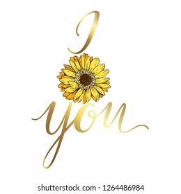 I love you inscription on white background. Floral design for holiday greeting card and invitation of the wedding, Valentine day, Mother day and Birthday