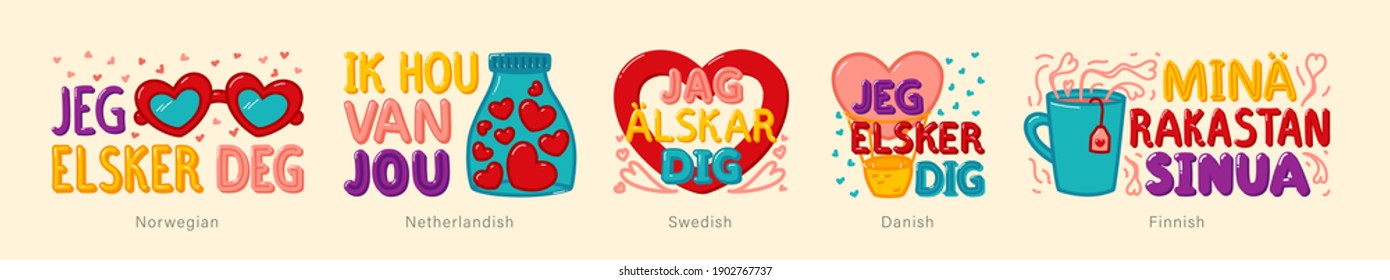 Te amo las inscripciones en diferentes idiomas. Inscripciones "I love you" en danés, finés, neerlandés, sueco, noruego en estilo de caricatura para carteles, tarjetas de saludo, pegatinas, imprimir