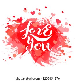 Love You isolated on background with red heart. Handwritten lettering Love You as logo, badge, icon, patch, sticker. Template for St. Valentine's Day, invitation, greeting card, web, wedding.