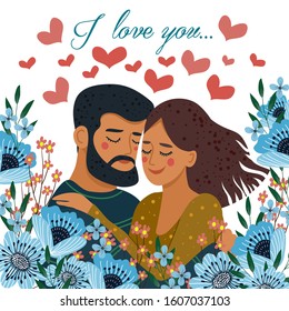 I love you. Isolated on white background hugging couple with hearts and many blue flowers. Cute flat valentines day vector illustration