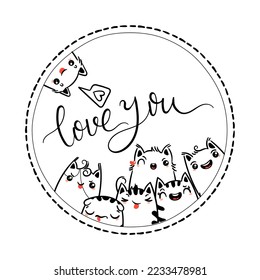 Love You. Kawaii vector illustration hand drawn banner. Cute cats with greetings and lettering on white color. Doodle coloring in cartoon style