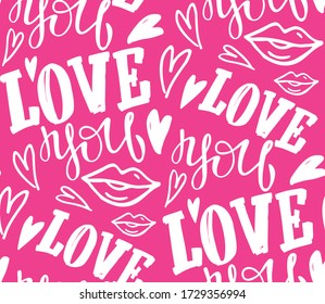 Love you - kiss you - hand drawn doodle pattern. Valentine's Day pattern, love background. Heart and love - hand drawn template banner.