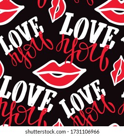 Love you - kiss you - hand drawn doodle pattern. Valentine's Day pattern, love background. Heart and love - hand drawn template banner.