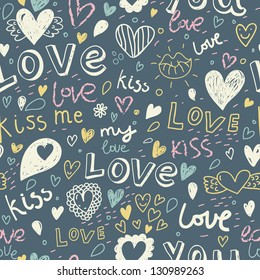 I Love You. Kiss Me. Romantic Concept Seamless Pattern. Love Elements In One Background In Vector