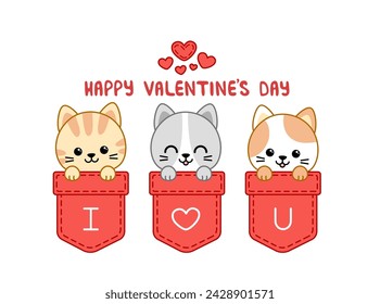 I love you. Kittens in pockets. Happy Valentine's day card. Kawaii, cartoon, vector