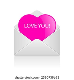 Love you letter, Valentine's day heart shaped message isolated over white background. Vector flat illustration of envelope with paper hart, abstract romantic design.