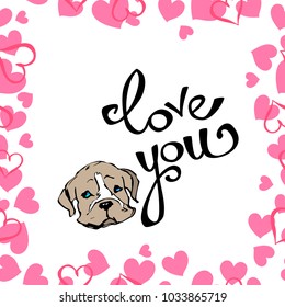 Love you lettering colour vector seamless pattern illustration on white background with cute bulldog puppy and  hearts