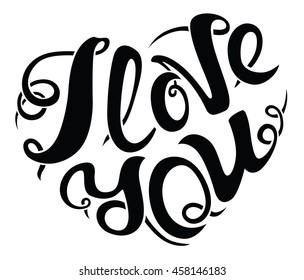 I love you lettering composition. Hand-drawn calligraphic letters in heart shape. Valentine day and wedding invitation design element