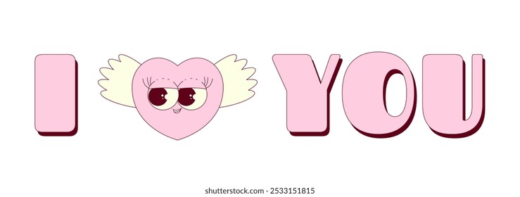 I love you lettering and cute heart with face and wings. Happy Valentines day greeting card. Trendy retro groovy style. Vector illustration on transparent background