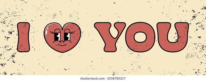 I love you, lettering and cute heart with face. Valentine's Day greeting card. Trendy retro style.