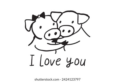 I love you lettering with cute pig. Hand drawn vector illustration.