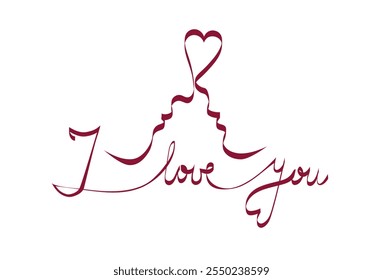 I love you. Lettering for a declaration of love on Valentine's Day. A kiss. Profiles of a man and a woman drawn in one line.