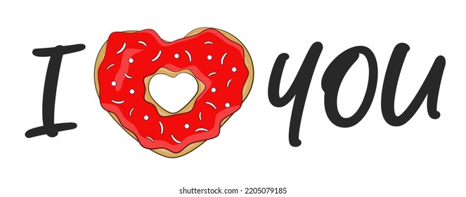 Me encanta que escribas con un donut en forma de corazón. Día de San Valentín. Ilustración del vector