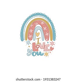 I love you. Lettering. Doodle rainbow. Cartoon art. Isolated vector object on white background. 