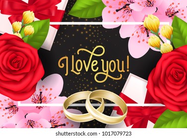 Love You Lettering with Flowers and Rings