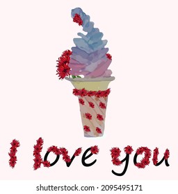 I love you lettering from flowers, watercolor ice cream decorated with red small flowers on a light background, vector