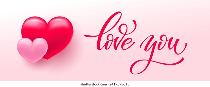 Love you lettering. Hand drawn word Love you. Modern calligraphy script love text and banner with heart for Valentine's day. Vector illustration.