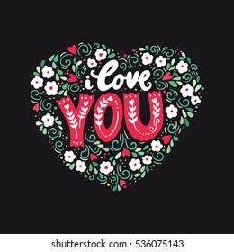 I love you lettering. Hand drawn poster with brush calligraphy. Valentine's day card