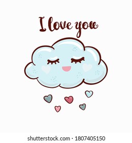I love you- lettering handwriting, beautiful inscription decorated cloud with hearts, symbol of eternal love. Doodle for textiles, t-shirts or postcards.