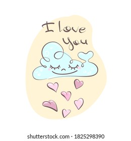 I love you- lettering handwriting, beautiful inscription decorated cloud with hearts, symbol of eternal love. Doodle for textiles, t-shirts or postcards.