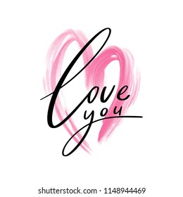 Love you lettering. Handwriting design element for greeting cards, posters, invitations. Hand drawn pink heart. Vector illustration.