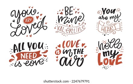 Love you lettering, Happy Valentine's Day, Be mine - lettering hand drawn doodle postcard. T-shirt design, mug print, ballon print. Hand drawn lettering for Valentines Day card template. St. Valentine