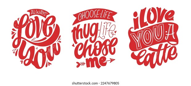 Love you lettering, Happy Valentine's Day, Be mine - lettering hand drawn doodle postcard. T-shirt design, mug print, ballon print. Hand drawn lettering for Valentines Day card template. St. Valentine