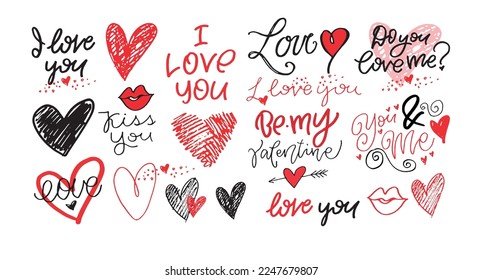 Love you lettering, Happy Valentine's Day, Be mine - lettering hand drawn doodle postcard. T-shirt design, mug print, ballon print. Hand drawn lettering for Valentines Day card template. St. Valentine