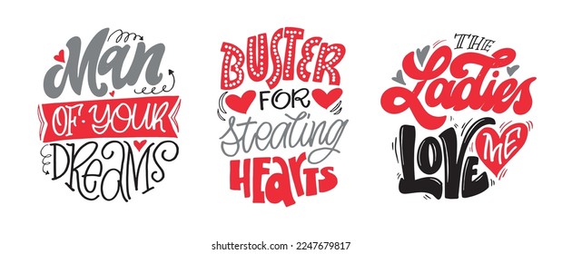 Love you lettering, Happy Valentine's Day, Be mine - lettering hand drawn doodle postcard. T-shirt design, mug print, ballon print. Hand drawn lettering for Valentines Day card template. St. Valentine