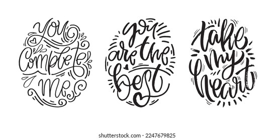 Love you lettering, Happy Valentine's Day, Be mine - lettering hand drawn doodle postcard. T-shirt design, mug print, ballon print. Hand drawn lettering for Valentines Day card template. St. Valentine