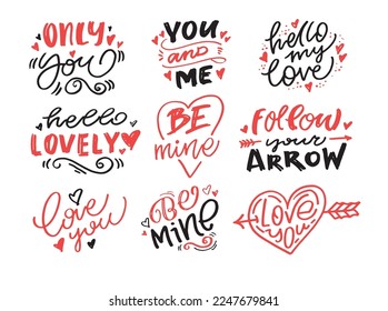 Love you lettering, Happy Valentine's Day, Be mine - lettering hand drawn doodle postcard. T-shirt design, mug print, ballon print. Hand drawn lettering for Valentines Day card template. St. Valentine
