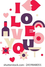  I love you. Lettering and icons composition. Minimalist and flat design. romantic Illustration