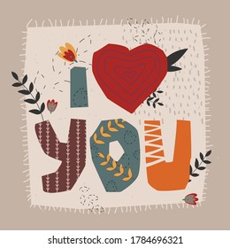 I love you lettering in papercut hand drawn style with heart and floral elements. Bright warm colors.
